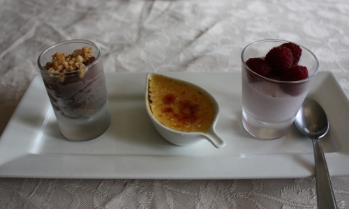 My trio of desserts: rich chocolate mousse, adorable creme brulee and creamy raspberry yogurt.